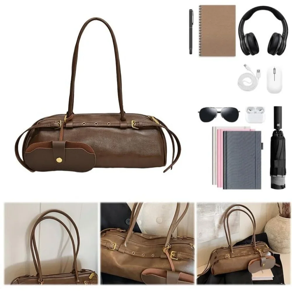 Wome'ns Brown PU Leather Tote Bag Casual Bowling Bag Purse Retro Underarm